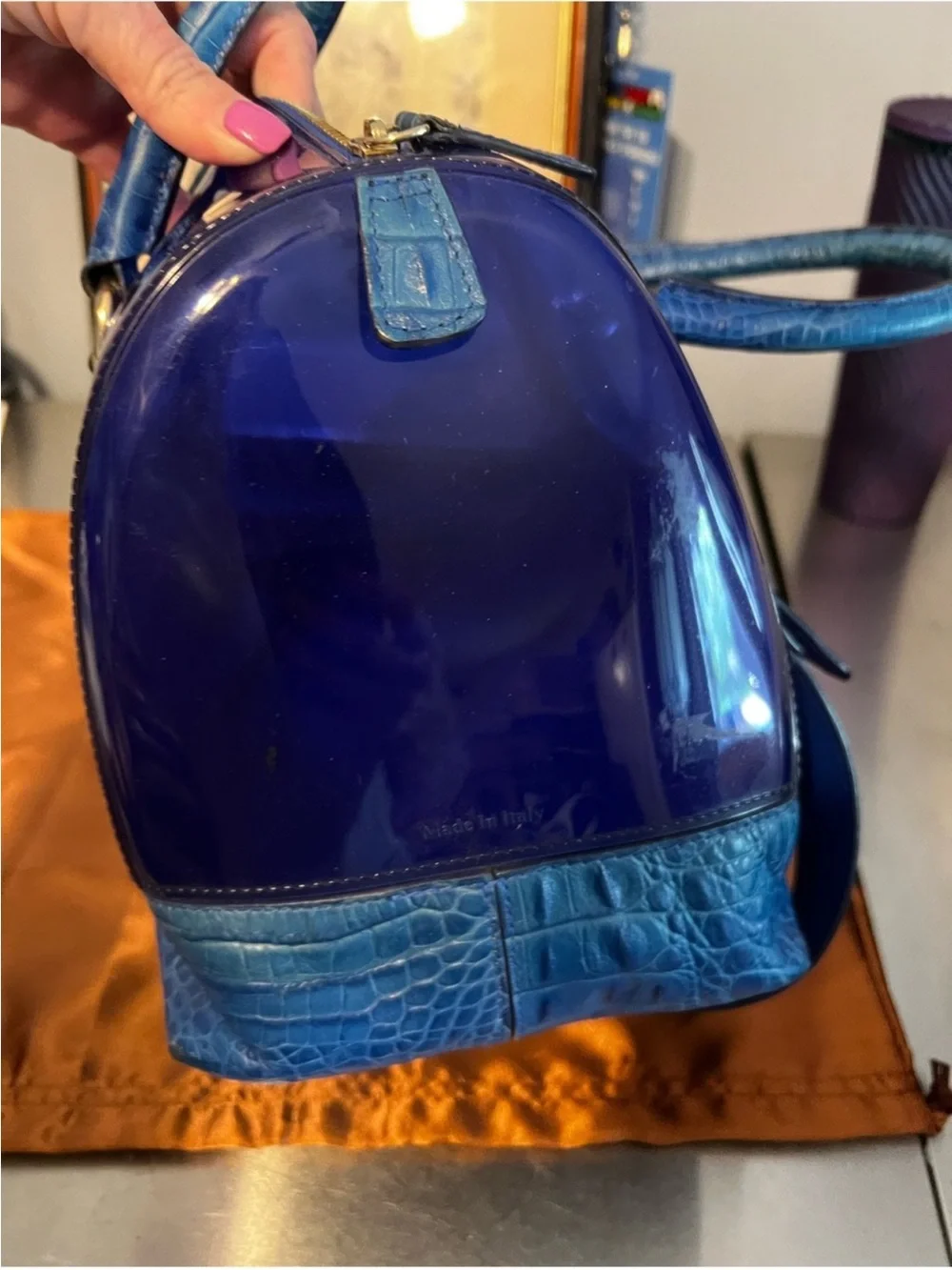 Furla Patent Dome Satchel in Deep Blue with Teal Trim